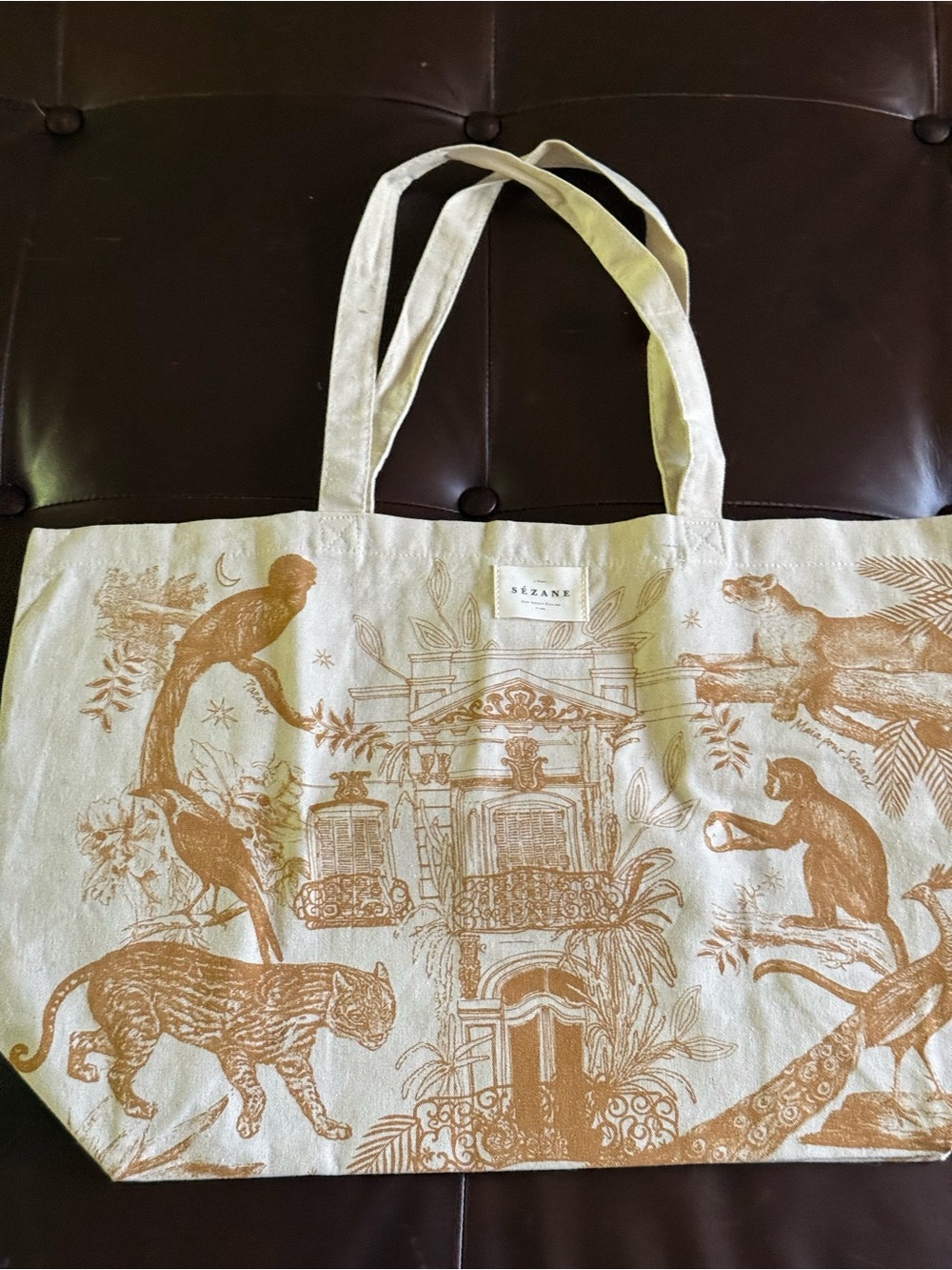 Sézane Cream Tote with Brown Botanical & Animal Print